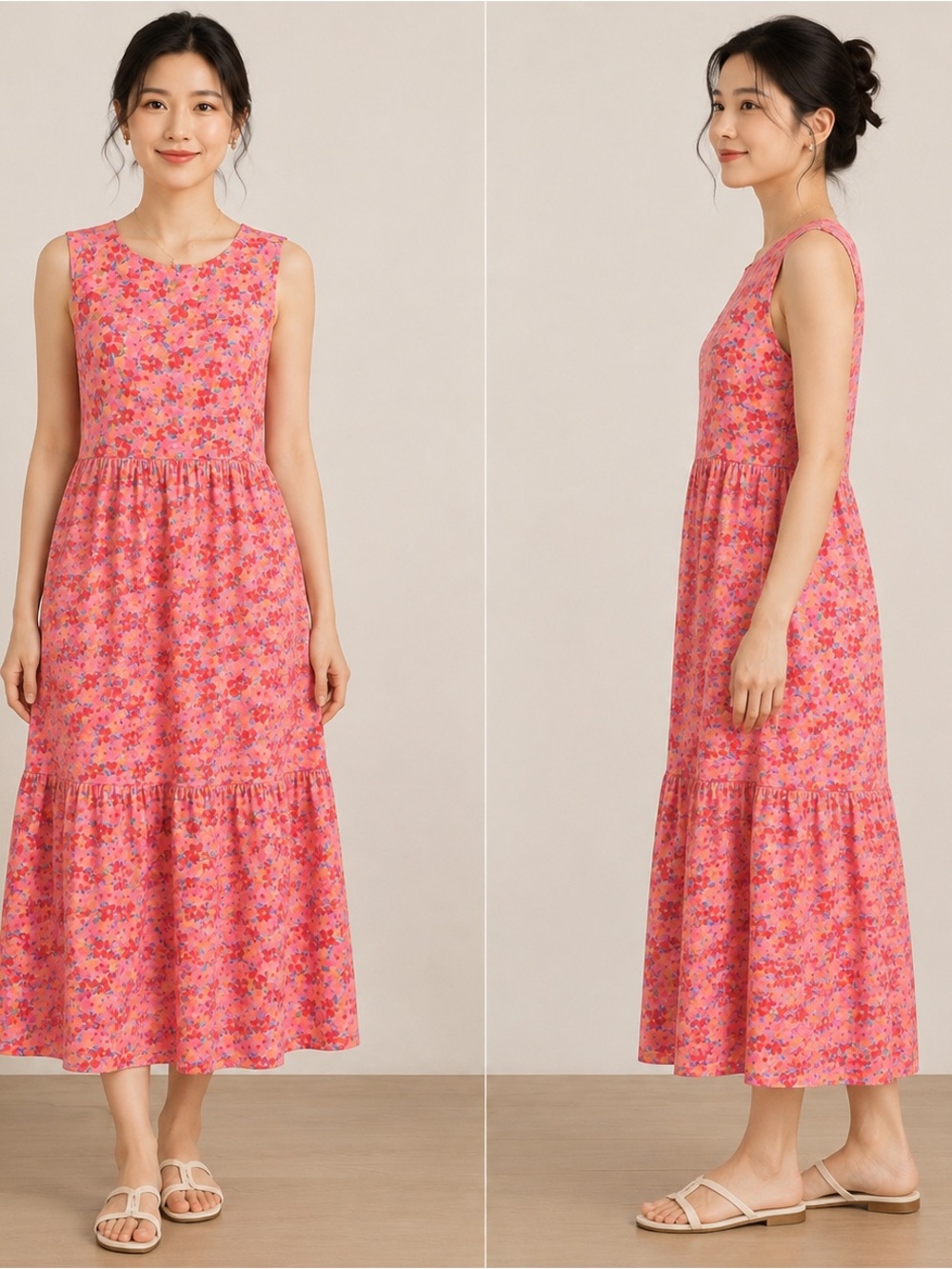 Marley Lilly Women’s Size L Pink Floral Tiered Midi Dress Sleeveless Pullover